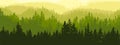 Horizontal banner of forest background, silhouettes of trees. Magical misty landscape, fog. Green and yellow illustration.