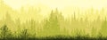 Horizontal banner of forest background, silhouettes of trees. Magical misty landscape, fog. Green and yellow illustration. Bookm Royalty Free Stock Photo