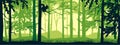 Horizontal banner of forest background, silhouettes of trees, owl on branch. Magical misty landscape, fog. Green and yellow.