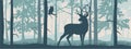 Horizontal banner of forest landscape. Deer with antlers in magic misty forest. Owl on branch. Silhouettes of trees and animals Royalty Free Stock Photo