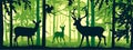 Horizontal banner of forest landscape. Deer with doe and fawn in magic misty forest. Squirrel on branch. Silhouettes of trees and