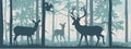 Horizontal banner of forest landscape. Deer with doe and fawn in magic misty forest. Squirrel on branch. Silhouettes of trees and Royalty Free Stock Photo