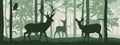 Horizontal banner of forest landscape. Deer with doe and fawn in magic misty forest. Squirrel on branch. Royalty Free Stock Photo