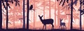 Horizontal banner of forest landscape. Doe and fawn in magic misty forest. Owl on branch.