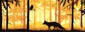 Horizontal banner of forest landscape. Fox and owl in magic misty forest. Silhouettes of trees and animals.