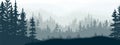 Horizontal banner of forest and meadow, silhouettes of trees and grass. Magical misty landscape, fog. Blue and gray illustration Royalty Free Stock Photo