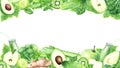 Horizontal banner frame with fruits, vegetables and green smoothies. Watercolor illustration isolated for clipart menu Royalty Free Stock Photo