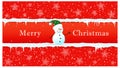 Horizontal banner with a frame of snow and icicles and a cute snowman. Merry Christmas Text