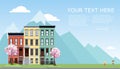 Horizontal banner with free spase tor text. Spring city street with mountains. 3 houses with blooming pink trees, grass lawn and Royalty Free Stock Photo