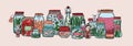 Horizontal banner with fruits, pickled vegetables and spices in jars and bottles hand drawn on white background