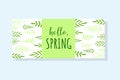 Horizontal banner with hand drawn leaves and inscription hello spring. Minimalist style, doodle style. Royalty Free Stock Photo