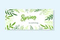 Horizontal banner with hand drawn leaves and inscription spring is coming. Minimalist style, doodle style. Royalty Free Stock Photo