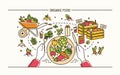 Horizontal banner with hands holding fork and knife and plate with healthy meal surrounded by fruits, vegetables