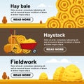 Horizontal banner haystack, wheelbarrow with bale of hay. Flat dried haystack flyer, farming haymow bale hayloft Royalty Free Stock Photo