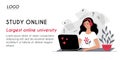 Horizontal banner header web template. Young woman in headphones with a laptop listens to a webinar training lesson. E