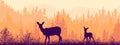 Horizontal banner of landscape. Doe and fawn on magic misty meadow. Silhouettes of trees, grass and animals. Pink and orange. Royalty Free Stock Photo