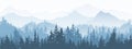 Horizontal banner. Magical misty landscape. Silhouette of forest and mountains, fog. Nature background. Blue and white.