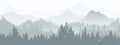 Horizontal banner. Magical misty landscape. Silhouette of forest and mountains, fog. Nature background. Gray and white illustrat Royalty Free Stock Photo