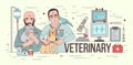 Horizontal banner with medical equipment and two smiling veterinarians holding domestic animals. Pair of friendly vets