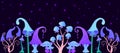 Horizontal banner with mystic mushrooms glowing on dark background, fairy tale flora, game design elements