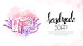 Horizontal banner with neon illustration of handmade soaps with orange, juniper twigs, star anise on pink watercolor splash