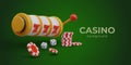 Horizontal banner for online casino. Realistic slot machine on green background