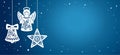 Horizontal banner in paper cut style, copy space. Vector hand drawn illustration of ornate Christmas angel, star and