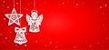 Horizontal banner in paper cut style. Vector hand drawn illustration of ornate Christmas angel, star and bell on red Royalty Free Stock Photo