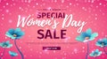 Horizontal banner for sale International Happy Women`s Day on flower background. Flyer for March 8 with the decor o