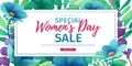 Horizontal banner for sale International Happy Women`s Day on flower background. Flyer for March 8 with the decor o