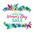 Horizontal banner for sale International Happy Women`s Day on flower background. Flyer for March 8 with the decor o