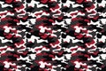 Horizontal banner seamless camouflage pattern background. Classic clothing style masking camo repeat print. Red, white, brown blac