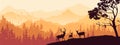 Horizontal banner. Silhouette of deer, doe, fawn standing on hill, forest and mountains in background. Magical misty landscape Royalty Free Stock Photo