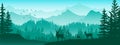 Horizontal banner. Silhouette of deer, doe, fawn standing on meadow. Mountains and forest in the background. Magical misty land. Royalty Free Stock Photo