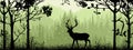 Horizontal banner. Silhouette of deer standing on meadow in forrest. Silhouette of animal, trees, grass. Magical misty landscape Royalty Free Stock Photo