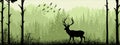 Horizontal banner. Silhouette of deer standing on meadow in forrest. Silhouette of animal, trees, grass. Magical misty landscape Royalty Free Stock Photo