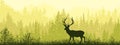 Horizontal banner. Silhouette of deer standing on meadow in forrest. Silhouette of animal, trees, grass. Magical misty landscape Royalty Free Stock Photo