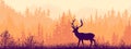 Horizontal banner. Silhouette of deer standing on meadow in forrest. Silhouette of animal, trees, grass. Magical landscape. Royalty Free Stock Photo