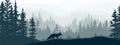 Horizontal banner. Silhouette of fox standing on meadow in forrest. Silhouette of animal, trees, grass. Magical misty landscape