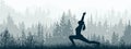 Horizontal banner. Silhouette of girl practicing yoga on meadow in forrest. Yoga sun salutation. Healthy lifestyle. Royalty Free Stock Photo