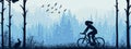 Horizontal banner. Silhouette of girl riding bike on meadow in forrest. Silhouette of biker, trees, grass. Magical landscape. Royalty Free Stock Photo