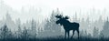 Horizontal banner. Silhouette of moose standing on meadow in forrest. Silhouette of animal, trees, grass.
