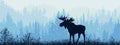 Horizontal banner. Silhouette of moose standing on meadow in forrest. Silhouette of animal, trees, grass. Magical misty. Royalty Free Stock Photo