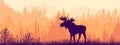 Horizontal banner. Silhouette of moose standing on meadow in forrest. Silhouette of animal, trees, grass. Misty landscape. Royalty Free Stock Photo