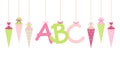 Banner Straight Hanging School Cornets Girl And ABC Letters Pink Green