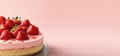 banner, strawberry cheesecake on pink background, fruit pastries and sweets, berry dessert, place for text