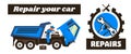 Horizontal banner template on car repairs. Repair logo, hand holding a wrench. Auto mechanic examines the engine. The Royalty Free Stock Photo