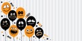 Horizontal banner template for happy Halloween. Balloons with creepy faces, jaws, teeth and open mouths. Cartoon Royalty Free Stock Photo