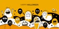 Horizontal banner template for happy Halloween. Balloons with creepy faces, jaws, teeth and open mouths. Cartoon Royalty Free Stock Photo