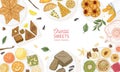 Horizontal banner template with oriental sweets lying on plates on white background, top view. Traditional desserts